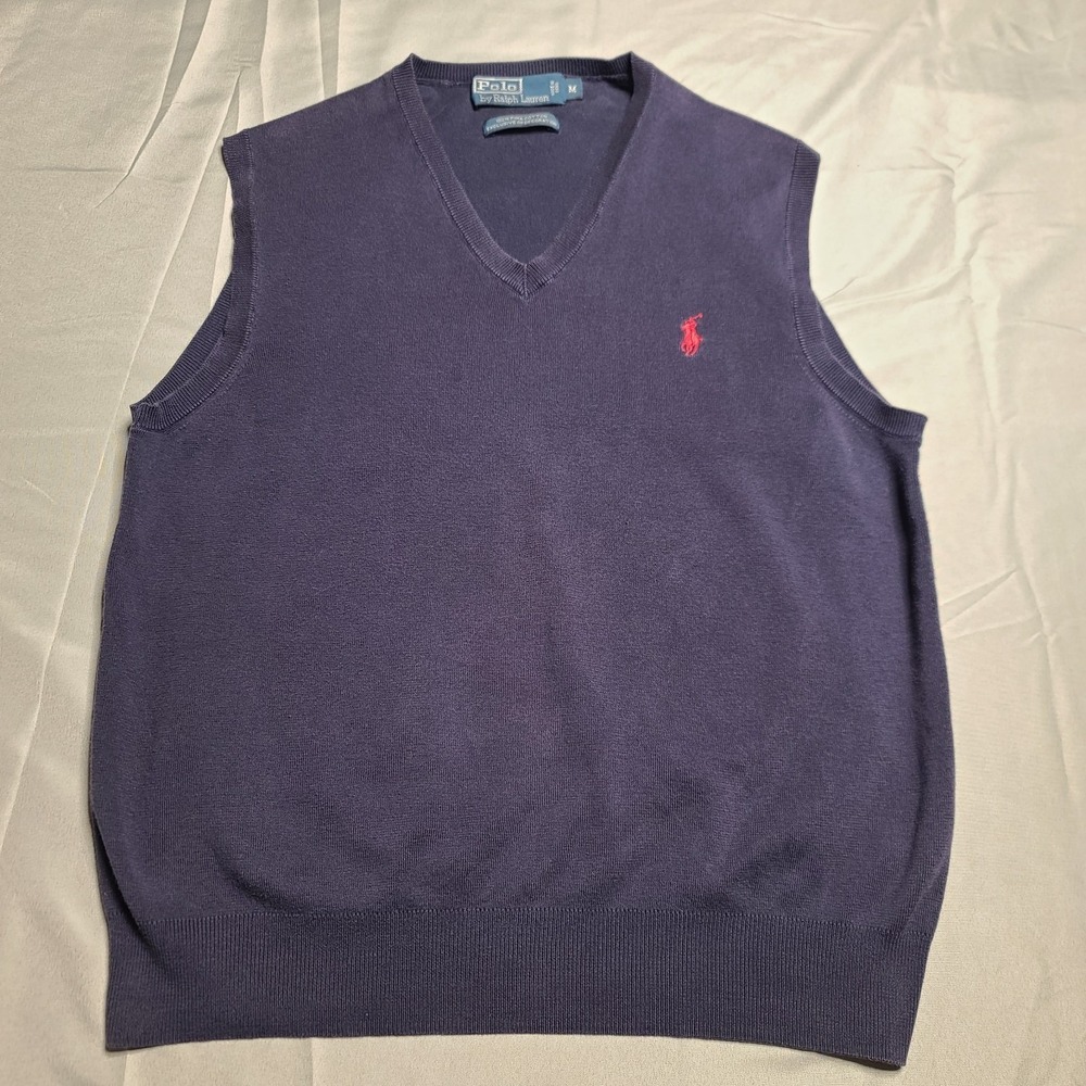 Polo Ralph Lauren Sweater Vest Mens M Navy Blue Pima Cotton V-Neck Preppy Logo